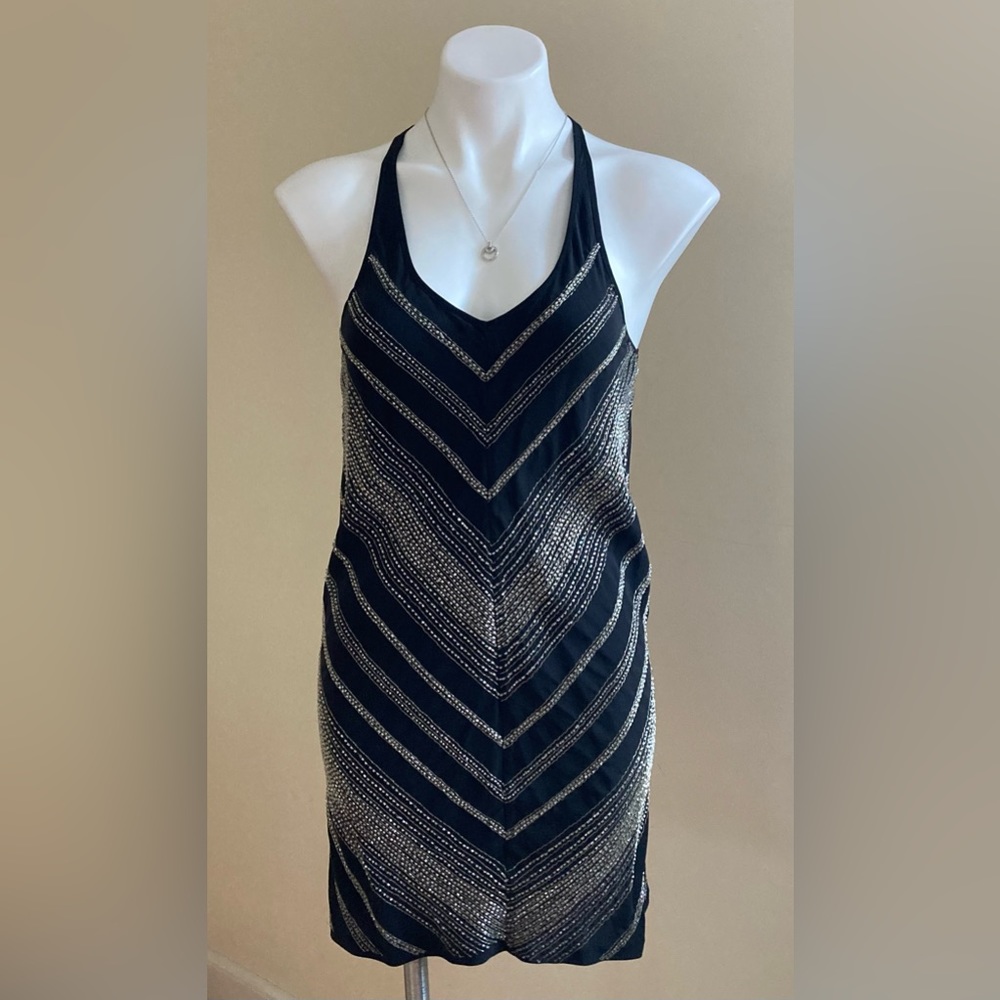 Madison Marcus Black & Silver Silk Beaded Mini Dress Sz. XS